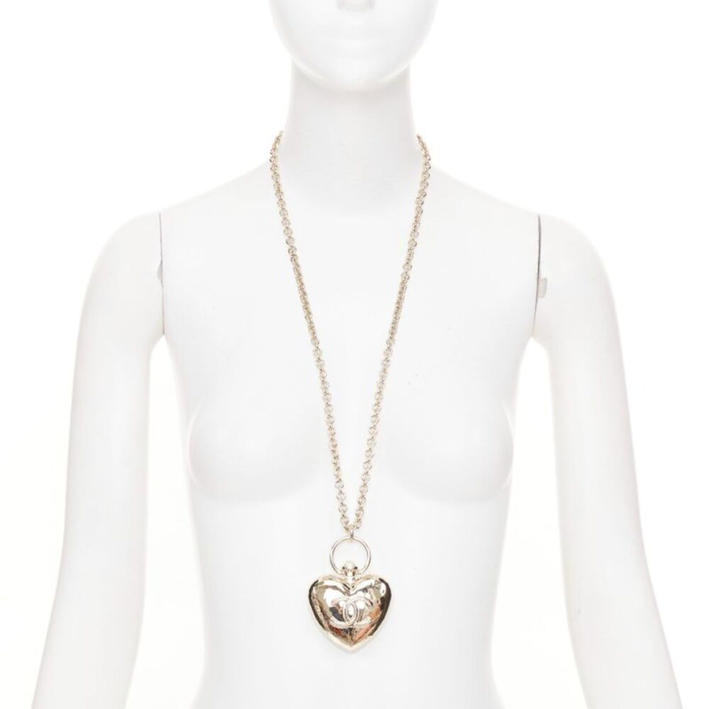 Chanel heart locket gold plated long chain necklace